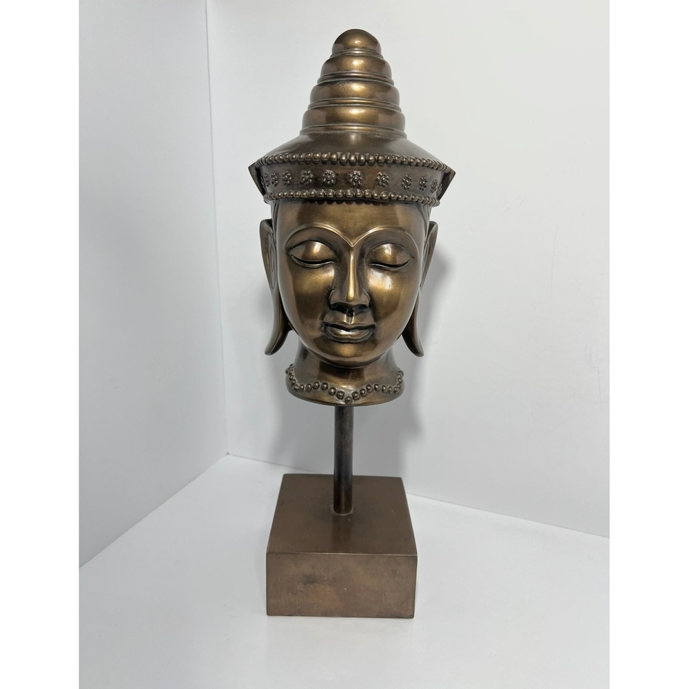 Large Buddha Head Sculpture on Pedestal Stand Bronze Tone Asian Decor 18"